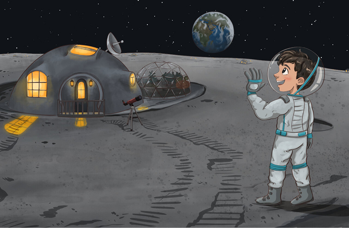 CJ standing outside his lunar home with Earth in the sky