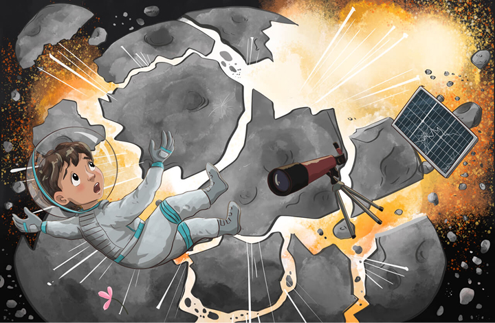 CJ floating through debris after an explosion on the moon