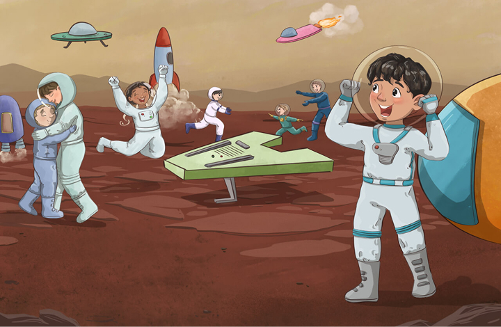 CJ celebrating with other children on Mars