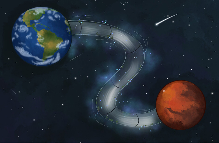 A glowing bridge-like path connecting Earth and Mars